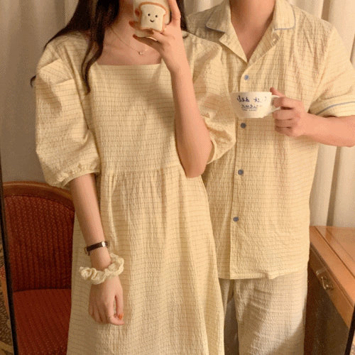 [커플] 몰리 지지미 체크 반팔 퍼프 잠옷 롱 원피스/상하 세트 (2color)