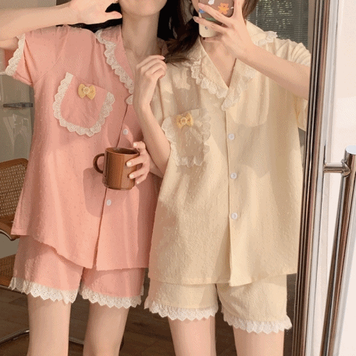 [미친세일] 릴리즈 3D 도트 프릴 반팔 잠옷 세트 (4color)