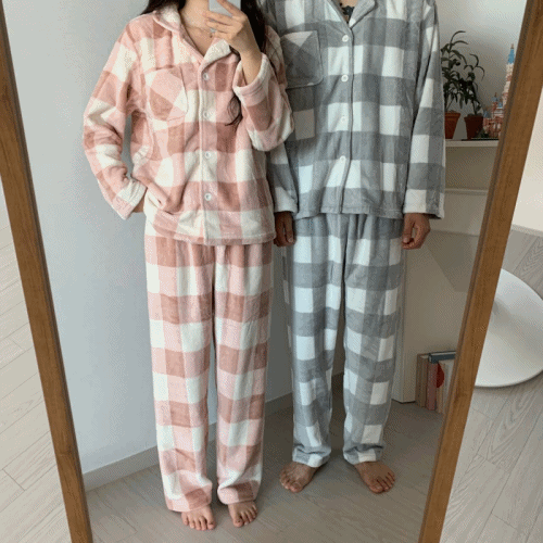 [커플] 베이직 빅체크 극세사 국민 수면 잠옷 세트 (2color)