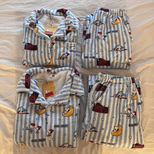 [피너츠 정품 커플] 스트라이프 스누피 겨울 극세사 수면 잠옷 세트 (1color)