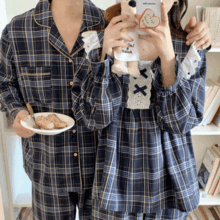 [커플] 도레미 체크 프릴 사계절 긴팔 잠옷 세트 (1color)